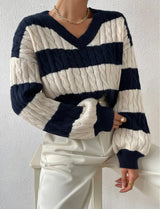 Isalène | Women's Striped Cable Knit V-Neck Sweater — view 2