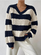 Isalène | Women's Striped Cable Knit V-Neck Sweater — view 3