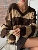Isalène | Women's Striped Cable Knit V-Neck Sweater — view 5