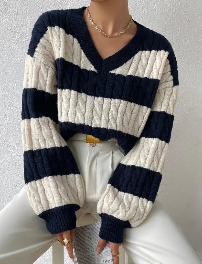Isalène | Women's Striped Cable Knit V-Neck Sweater — view 1