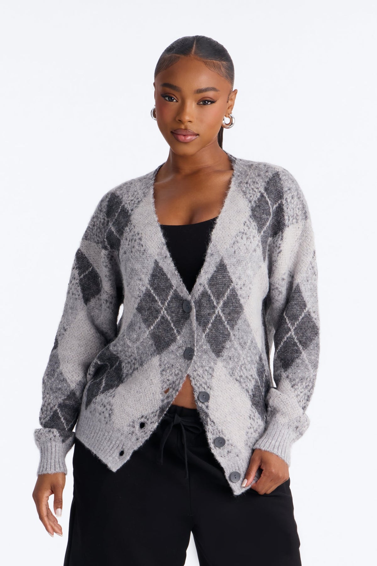 Women's Argyle Cardigan — Button Down, Long Sleeve | Yvezi — 1