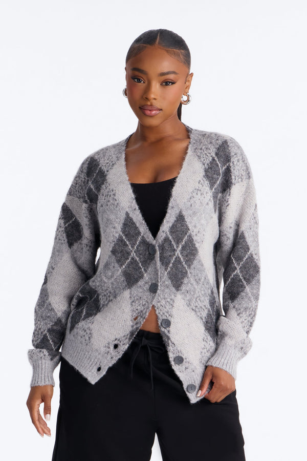 Women's Argyle Cardigan — Button Down, Long Sleeve | Yvezi — 1