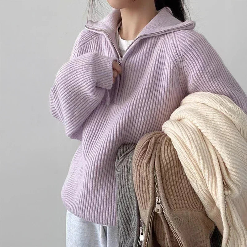 Aurelia | Women's Oversized Ribbed Knit Quarter-Zip Polo Jumper — view 2