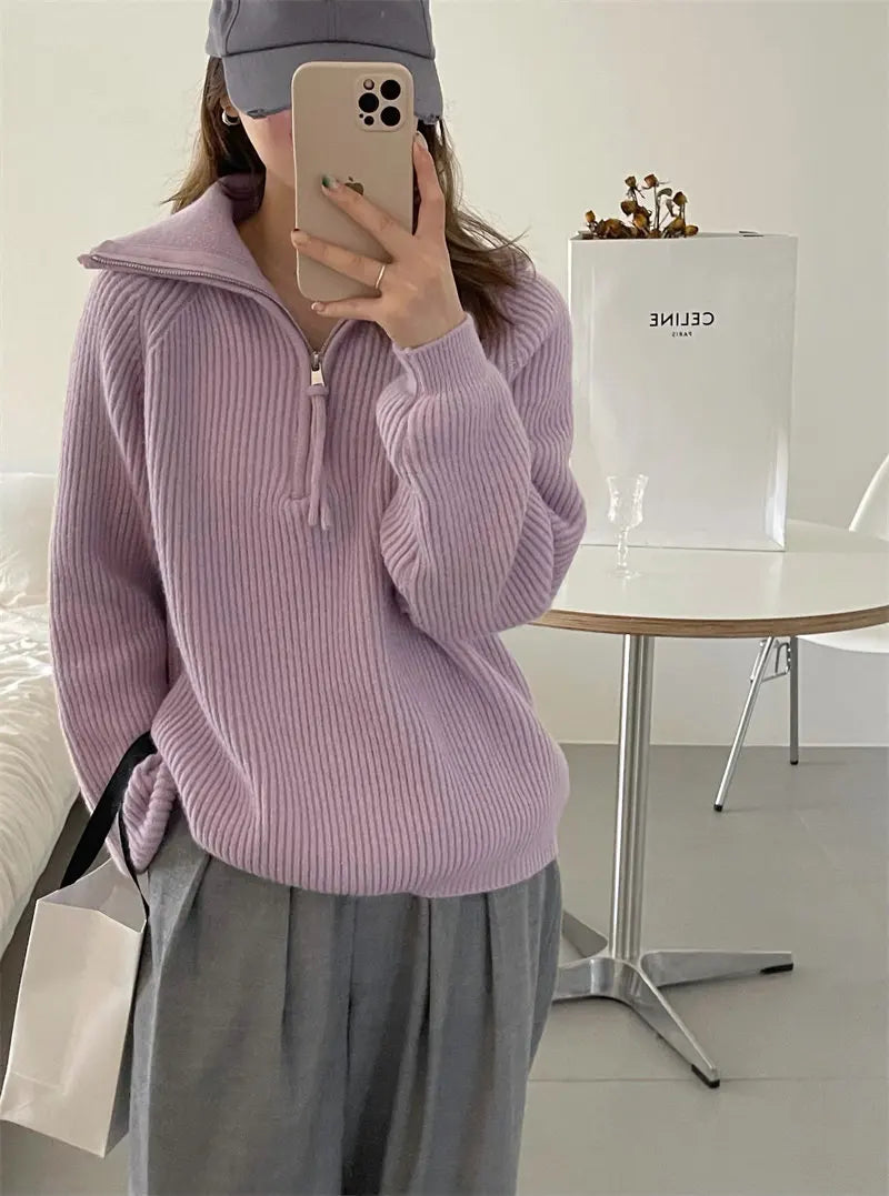 Aurelia | Women's Oversized Ribbed Knit Quarter-Zip Polo Jumper — view 3