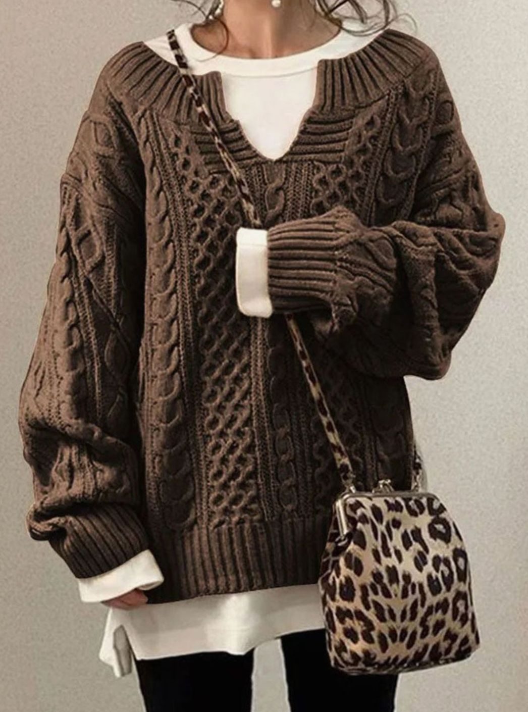 Audrey | Women's Oversized Cable Knit Sweater V-Neck Pullover — view 3
