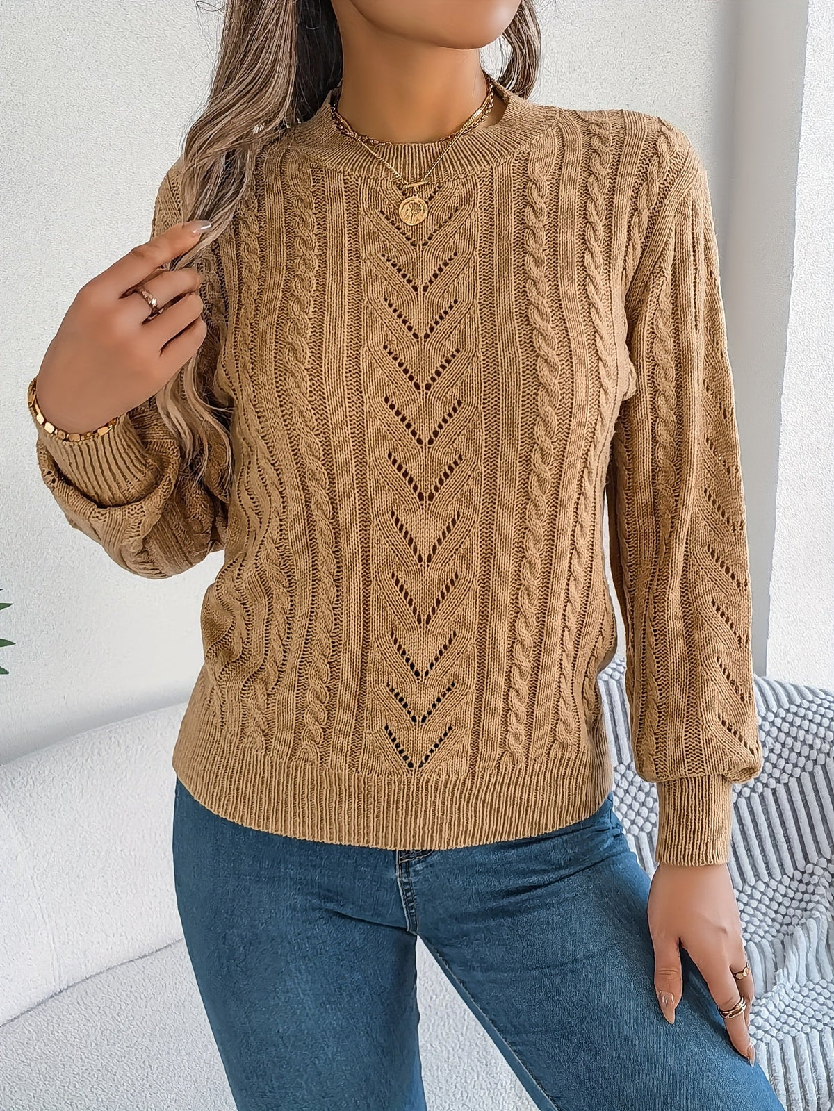 Lowri | Women's Textured Openwork Crew Neck Knit Jumper — view 2