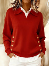Women's Oversized Collared V-Neck Gold Button Polo Jumper — view 3