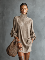 Zoraya | Women's Faux Suede Roll-Neck Long-Sleeve Dress — view 4
