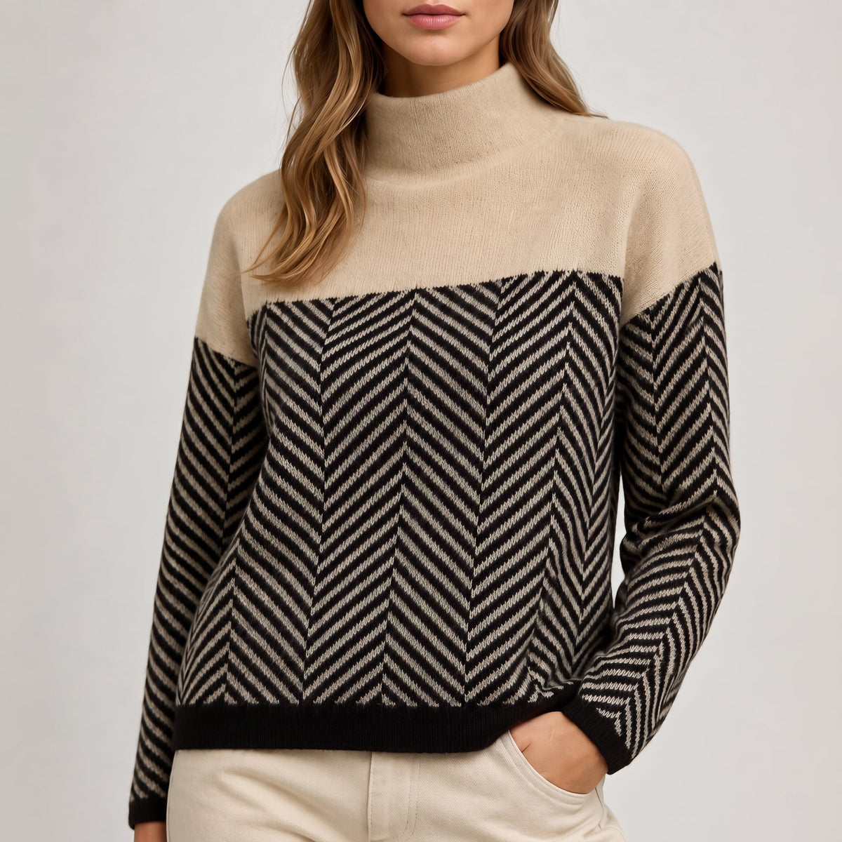 Vaelora | Women's Chevron Colour-Block Relaxed-Fit Funnel-Neck Knitted Jumper — view 3