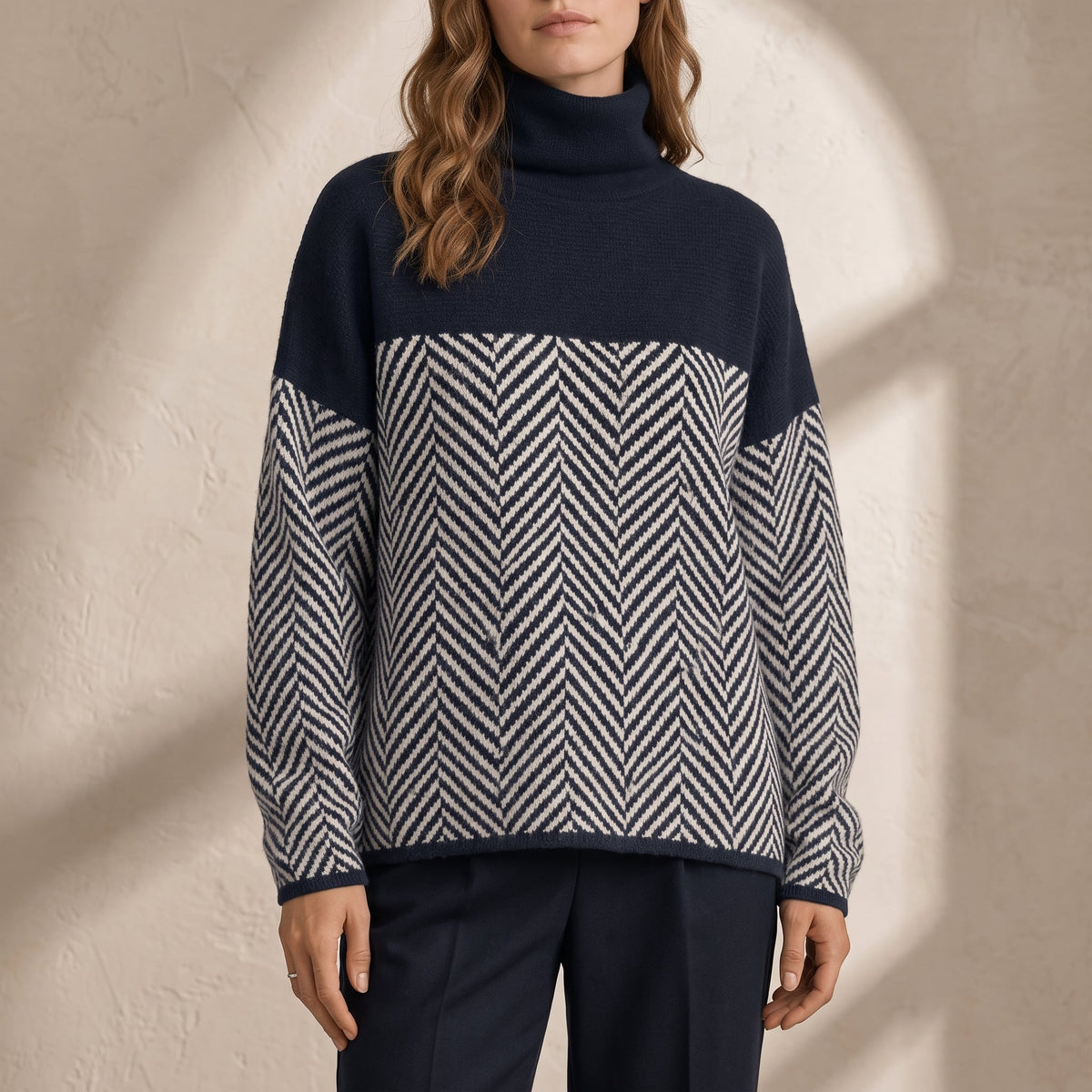 Vaelora | Women's Chevron Colour-Block Relaxed-Fit Funnel-Neck Knitted Jumper — view 2