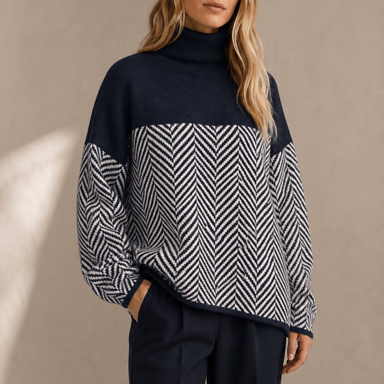Vaelora | Women's Chevron Colour-Block Relaxed-Fit Funnel-Neck Knitted Jumper — view 1