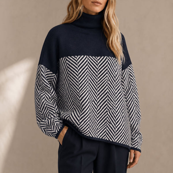 Vaelora | Women's Chevron Colour-Block Relaxed-Fit Funnel-Neck Knitted Jumper — view 1