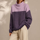 Vaelora | Women's Chevron Colour-Block Relaxed-Fit Funnel-Neck Knitted Jumper — view 4