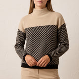 Vaelora | Women's Chevron Colour-Block Relaxed-Fit Funnel-Neck Knitted Jumper — view 5