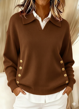 Women's Oversized Collared V-Neck Gold Button Polo Jumper — view 5