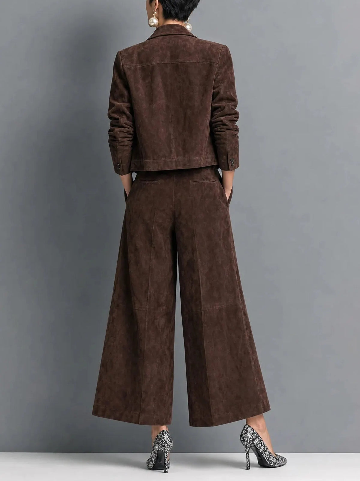 Isadora | Dark Brown Faux Suede Jacket & Wide-Leg Trousers Set — view 2
