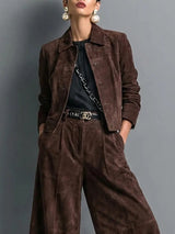 Isadora | Dark Brown Faux Suede Jacket & Wide-Leg Trousers Set — view 4