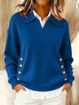 Women's Oversized Collared V-Neck Gold Button Polo Jumper — view 4