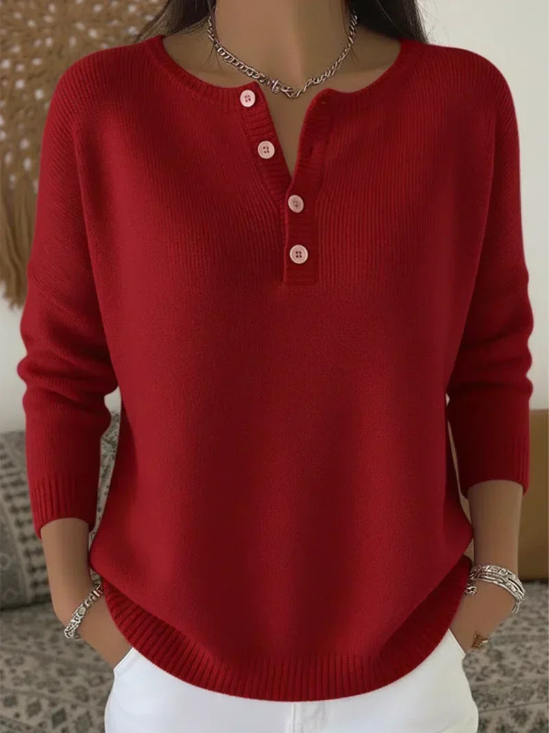 Women's Ribbed Henley Button Drop-Shoulder Knitted Jumper — view 3