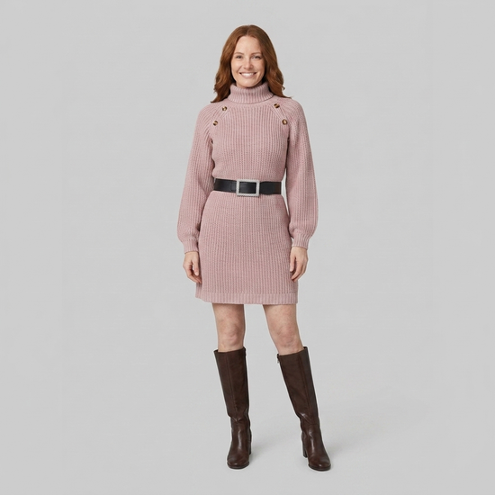 Heulwen | Women's Ribbed Knit Turtleneck Sweater Dress with Shoulder Buttons — view 1
