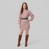 Heulwen | Women's Ribbed Knit Turtleneck Sweater Dress with Shoulder Buttons — view 2