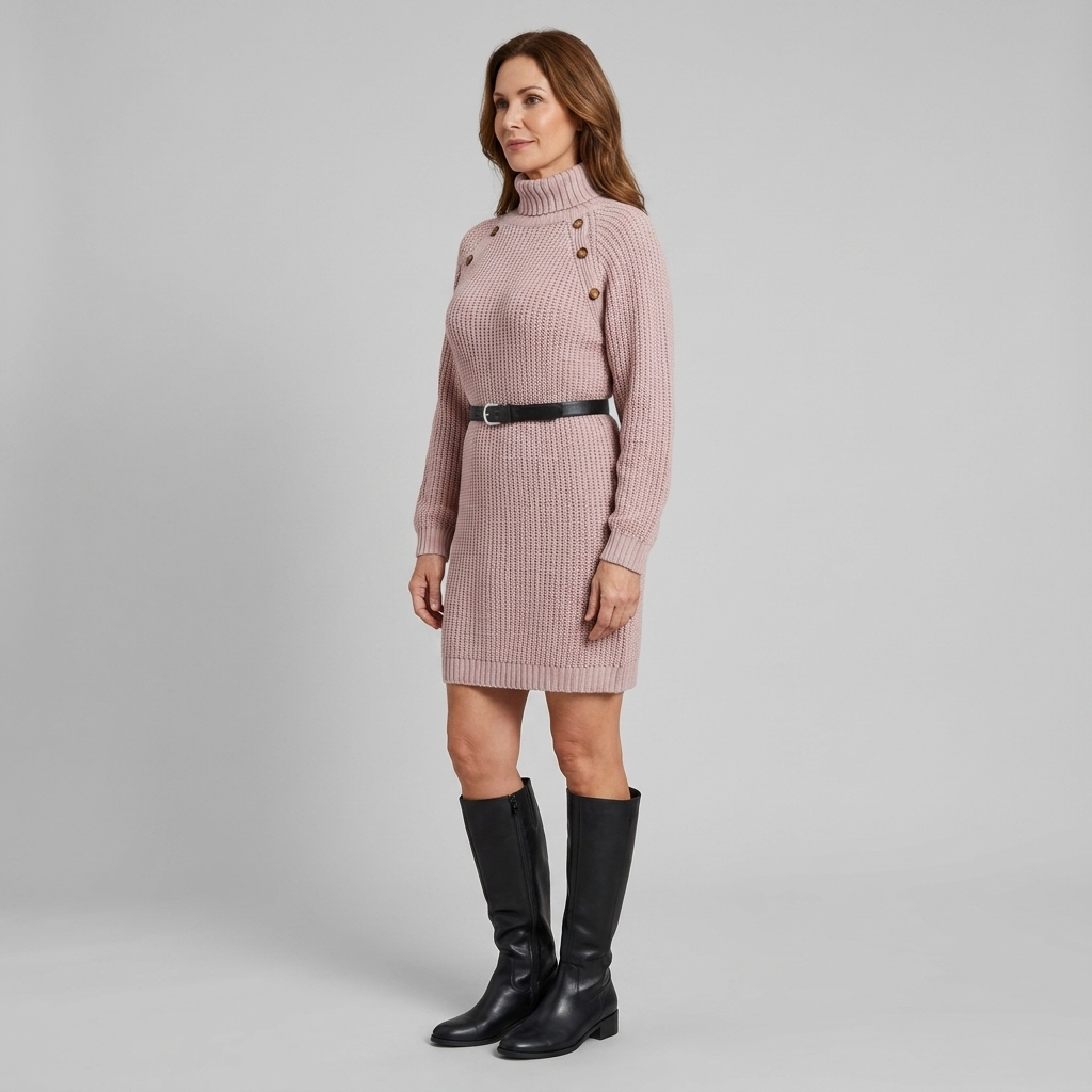 Heulwen | Women's Ribbed Knit Turtleneck Sweater Dress with Shoulder Buttons — view 3