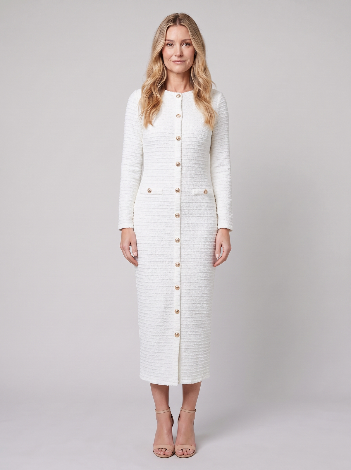 Women's Gold-Button Tweed Long-Sleeve Midi Dress — view 1