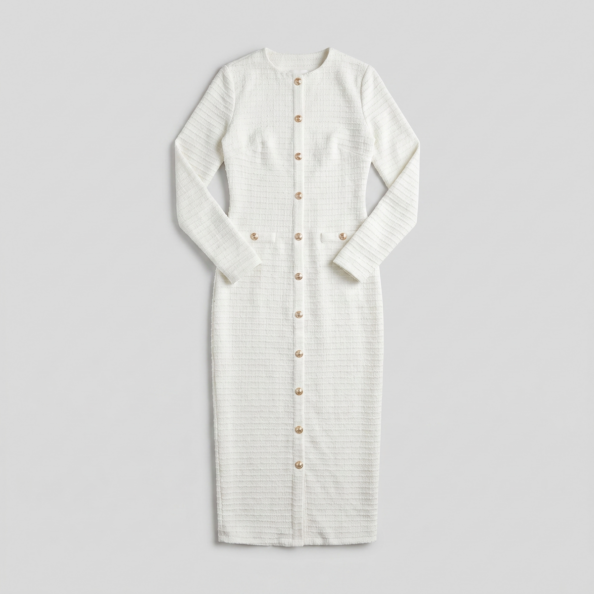 Women's Gold-Button Tweed Long-Sleeve Midi Dress — view 2