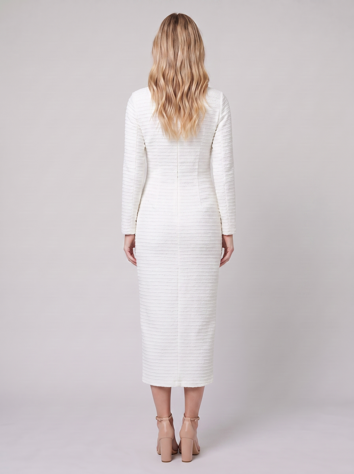 Women's Gold-Button Tweed Long-Sleeve Midi Dress — view 3