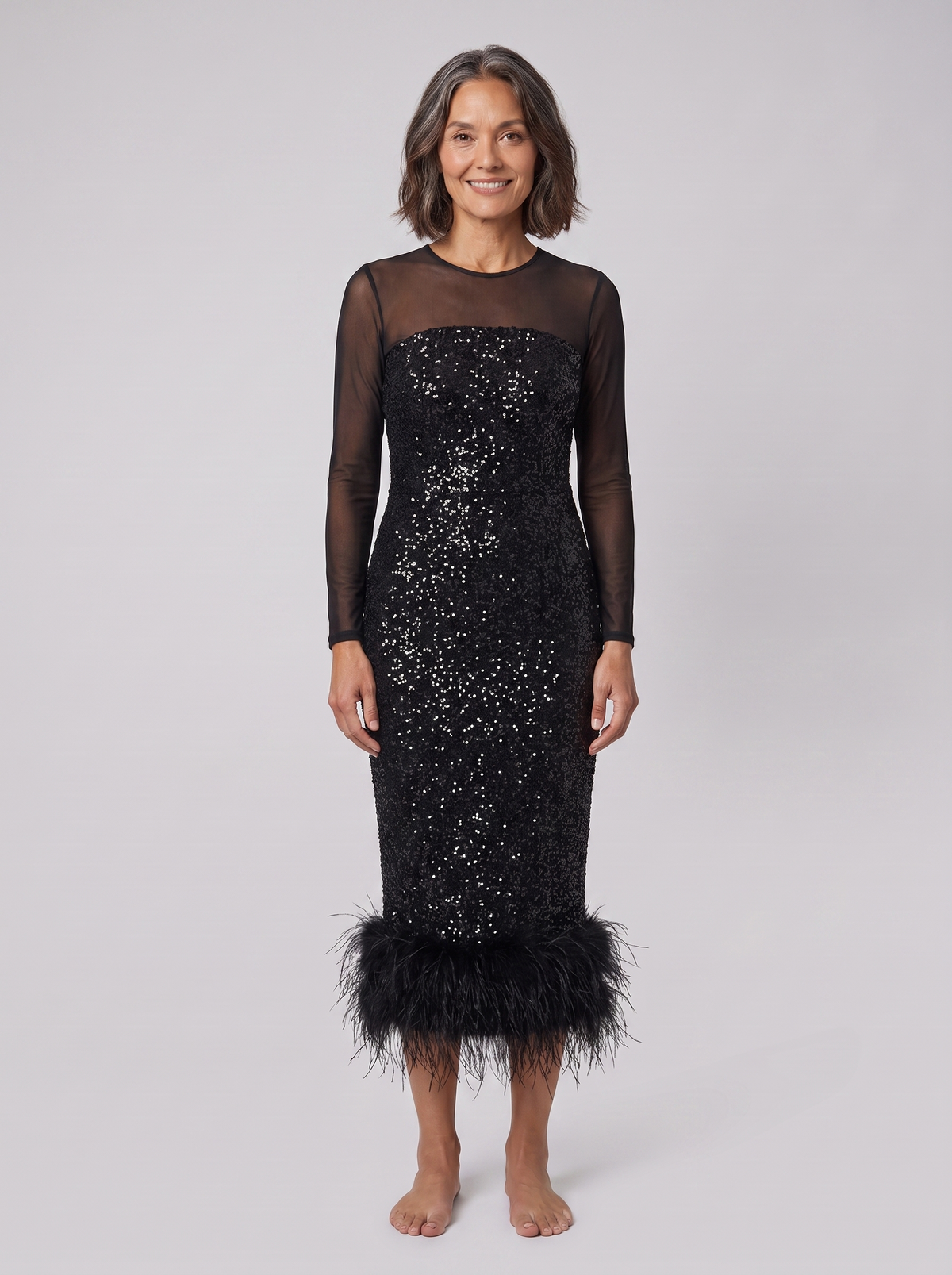 Women's Sequin Feather-Trim Christmas Party Midi Dress — view 1