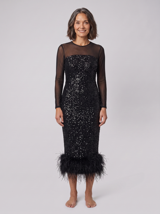 Women's Sequin Feather-Trim Christmas Party Midi Dress — view 1