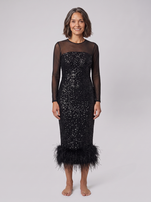 Women's Sequin Feather-Trim Christmas Party Midi Dress — view 1
