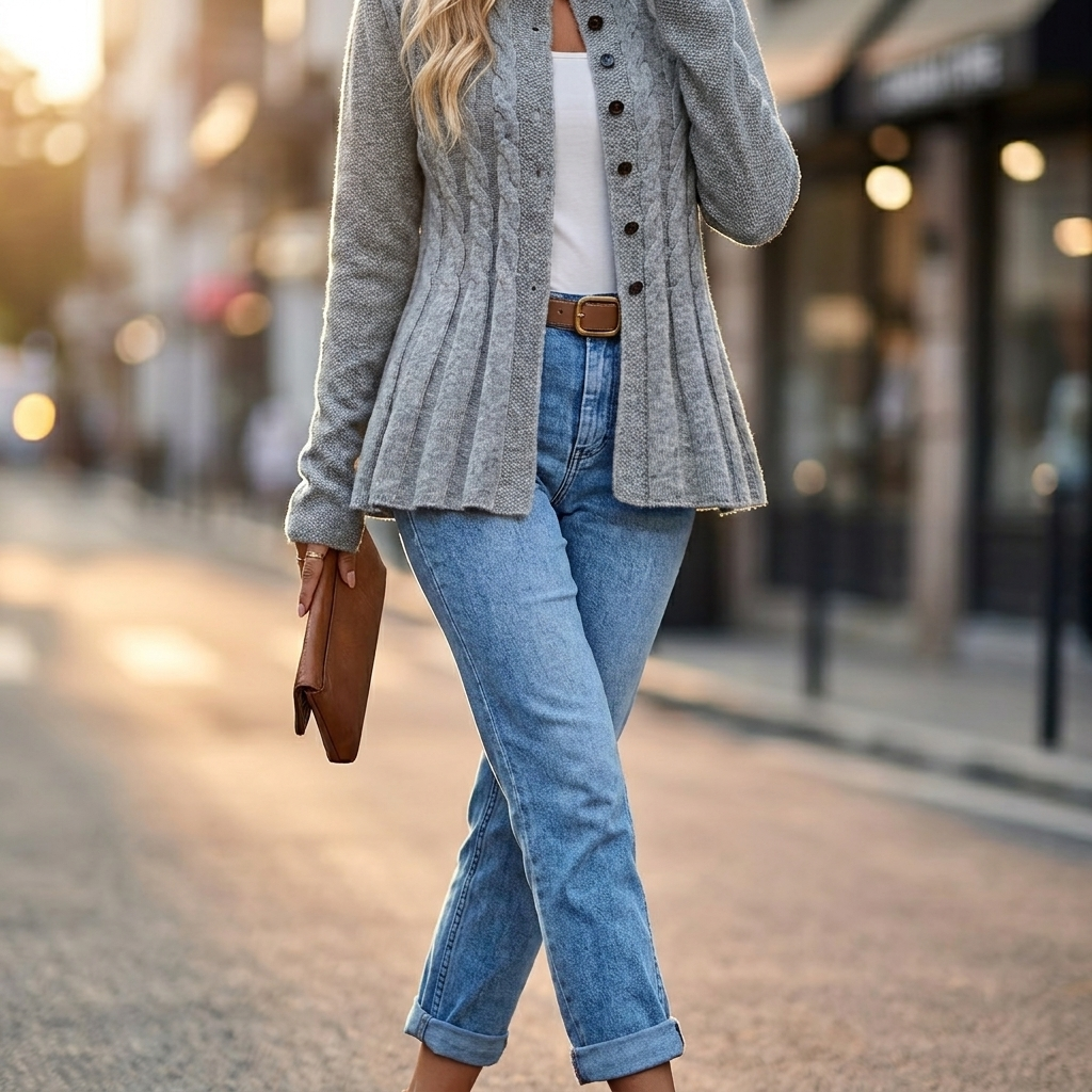 Penelope | Women's Cable-Knit Fitted Peplum Button Cardigan — view 3