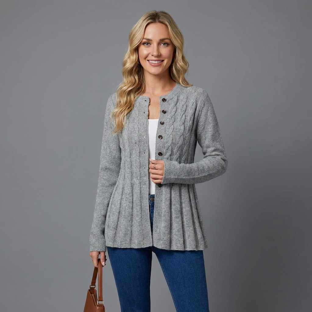Penelope | Women's Cable-Knit Fitted Peplum Button Cardigan — view 2