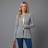 Penelope | Women's Cable-Knit Fitted Peplum Button Cardigan — view 2