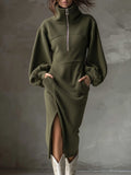 Minka | Women's Fleece Half-Zip Midi Dress with Lantern Sleeves — view 1