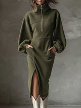 Minka | Women's Fleece Half-Zip Midi Dress with Lantern Sleeves — view 1