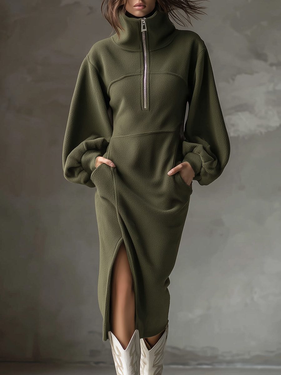 Minka | Women's Fleece Half-Zip Midi Dress with Lantern Sleeves — view 1