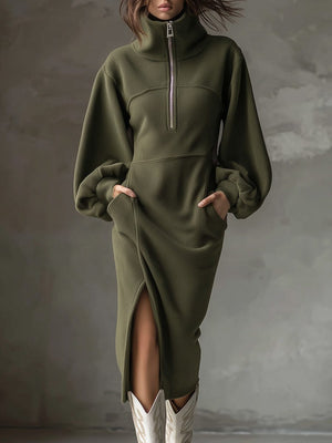 Minka | Women's Fleece Half-Zip Midi Dress with Lantern Sleeves — view 1