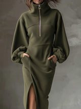 Minka | Women's Fleece Half-Zip Midi Dress with Lantern Sleeves — view 2