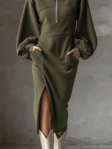 Minka | Women's Fleece Half-Zip Midi Dress with Lantern Sleeves — view 3