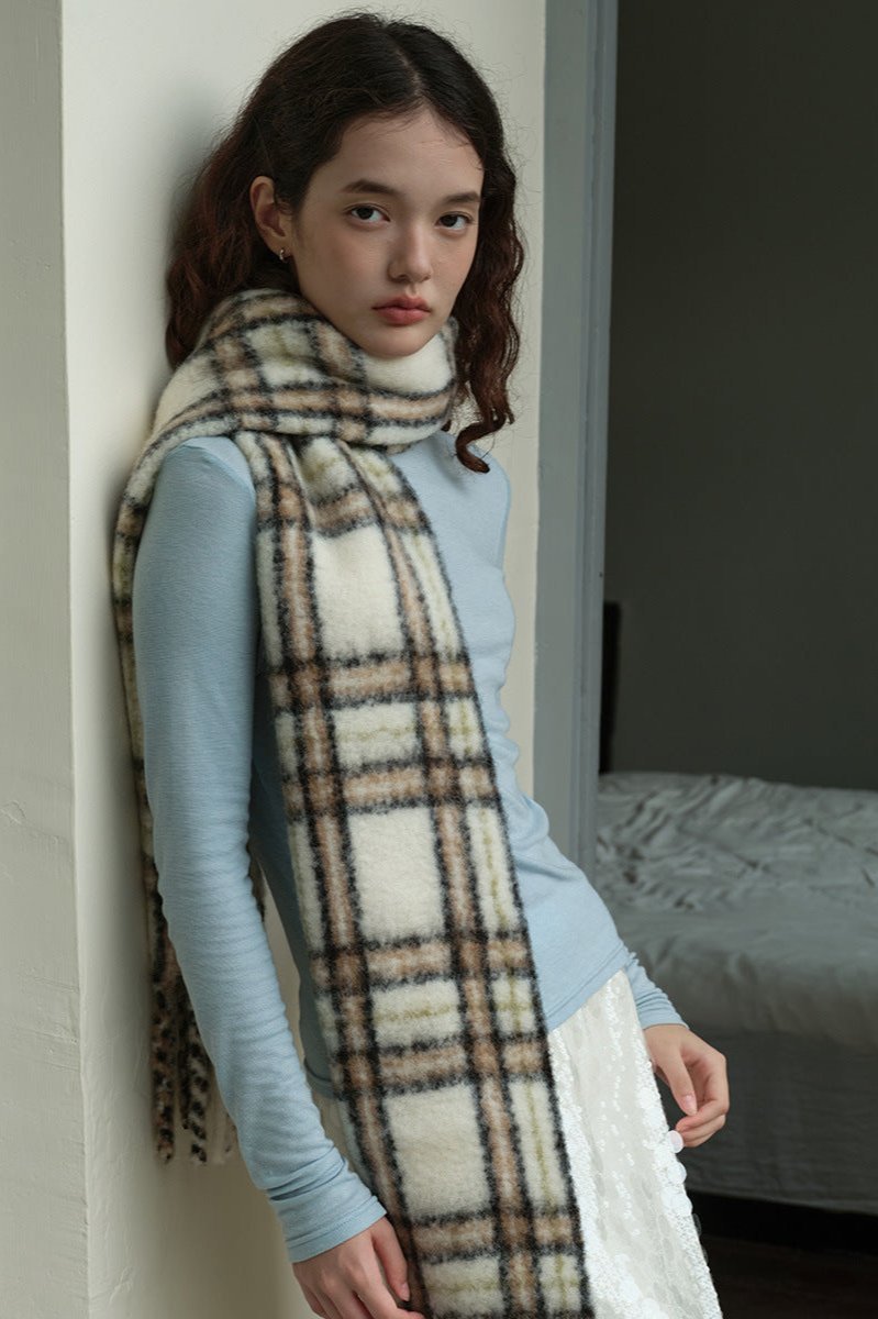 Agnes | Women's Long Plaid Wool Scarf with Fringe – Off White — view 3