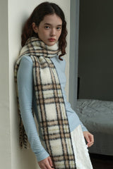 Agnes | Women's Long Plaid Wool Scarf with Fringe – Off White — view 3
