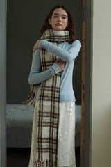 Agnes | Women's Long Plaid Wool Scarf with Fringe – Off White — view 2