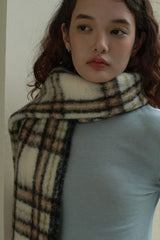 Agnes | Women's Long Plaid Wool Scarf with Fringe – Off White — view 4