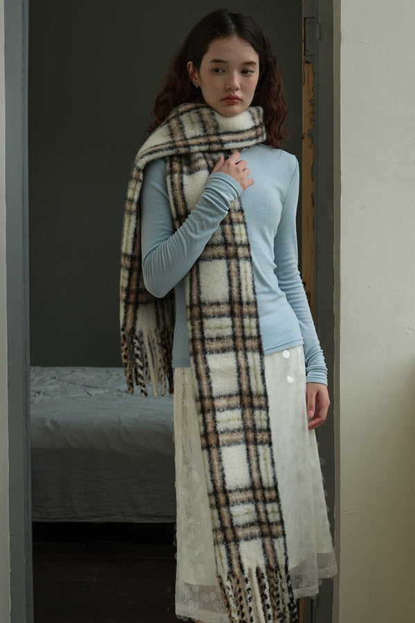 Agnes | Women's Long Plaid Wool Scarf with Fringe – Off White — view 1
