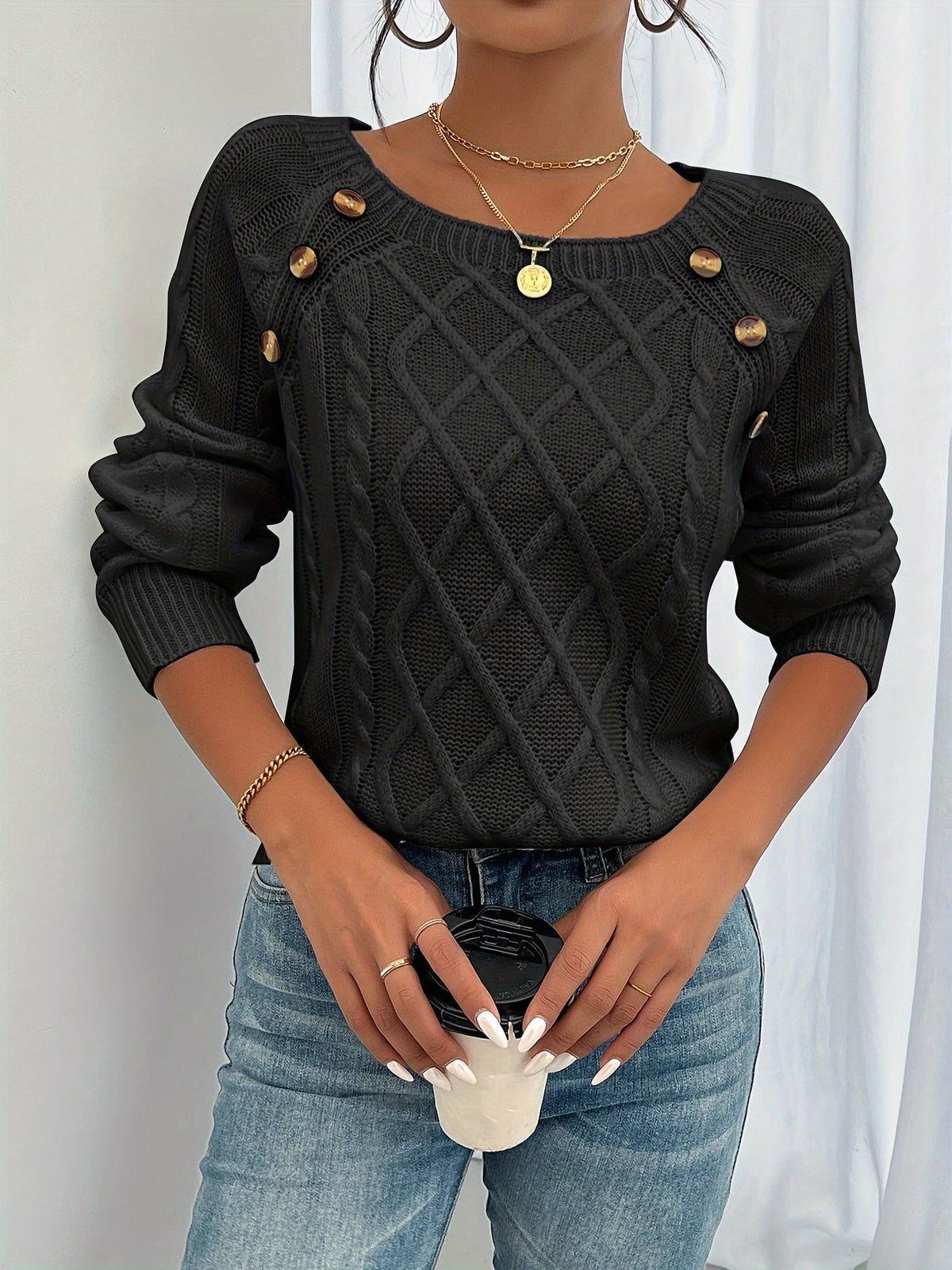 Women's Cable Knit Button Shoulder Crew Neck Jumper — view 2