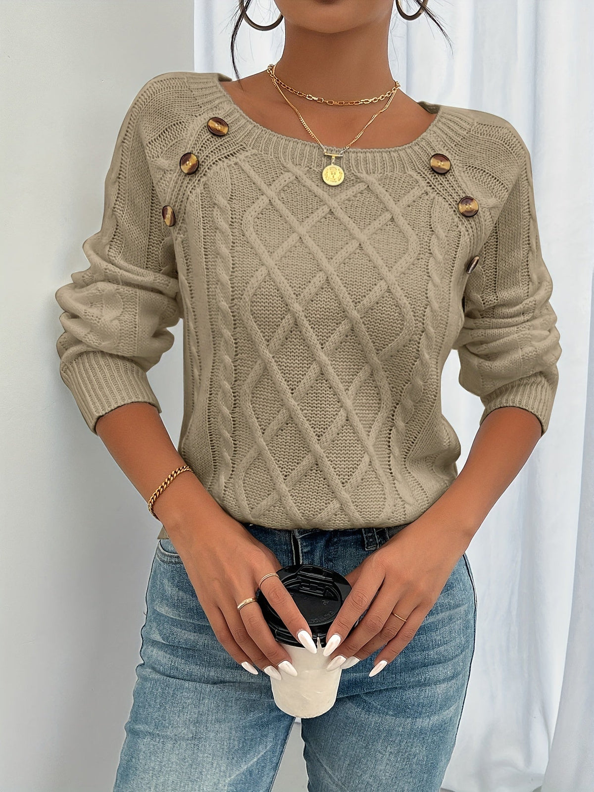 Women's Cable Knit Button Shoulder Crew Neck Jumper — view 3