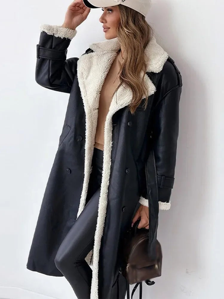 Women's Long Faux Shearling Suede Belted Winter Coat — view 2