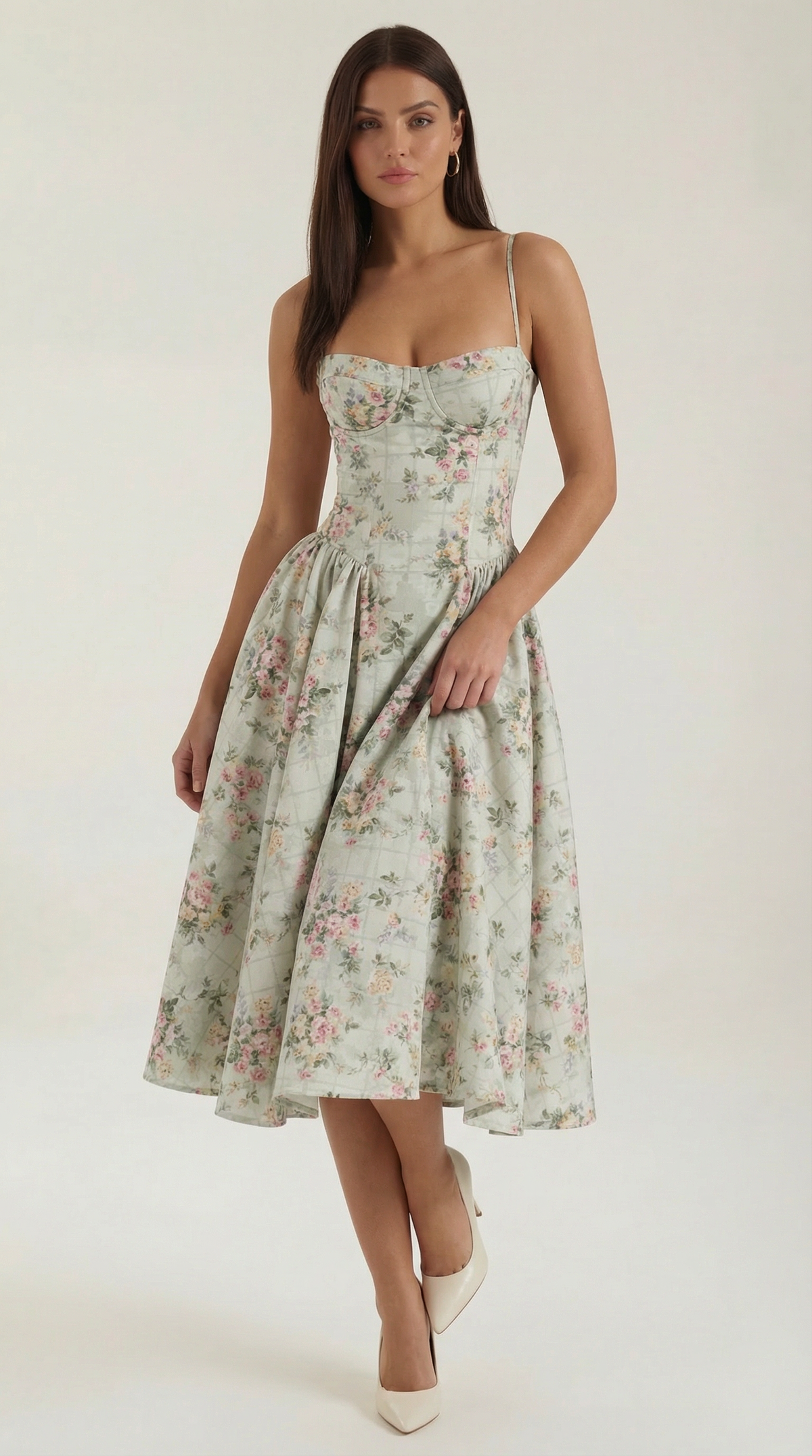 Ulva | Floral Corset Christmas Party Midi Dress — view 1